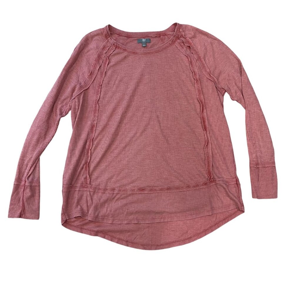 True Craft Waffle Knit Tee Women's Size Large Red Long‎ Sleeves High Low Hem